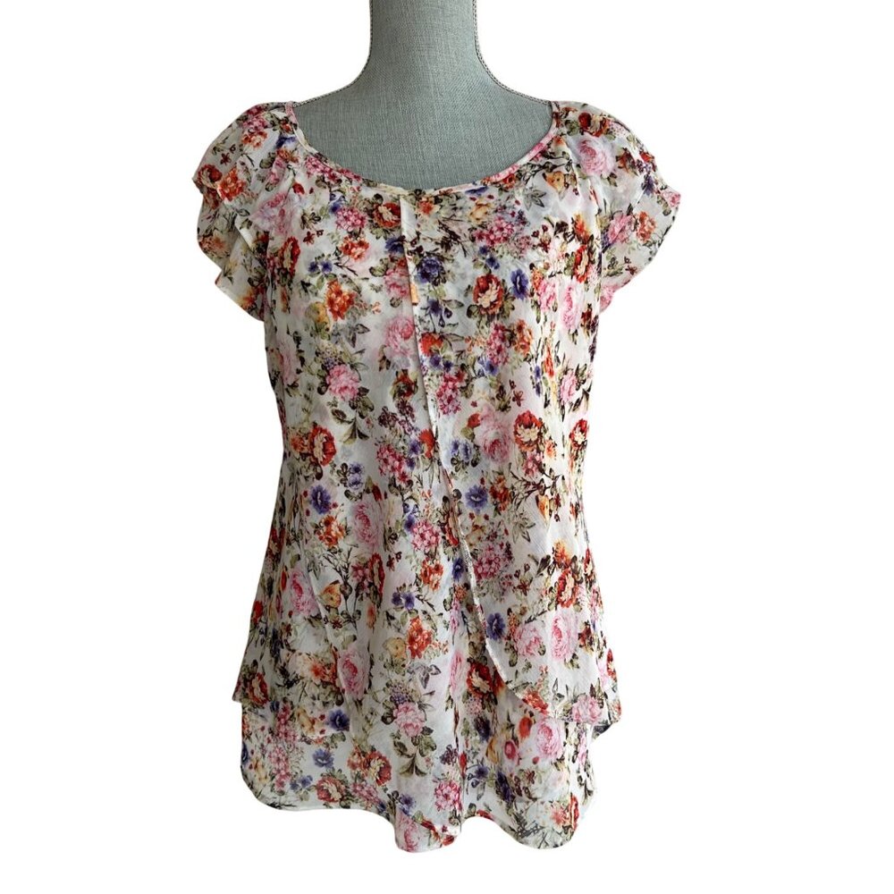Floral Short Sleeve Blouse Medium‎ Flowy Layered Style